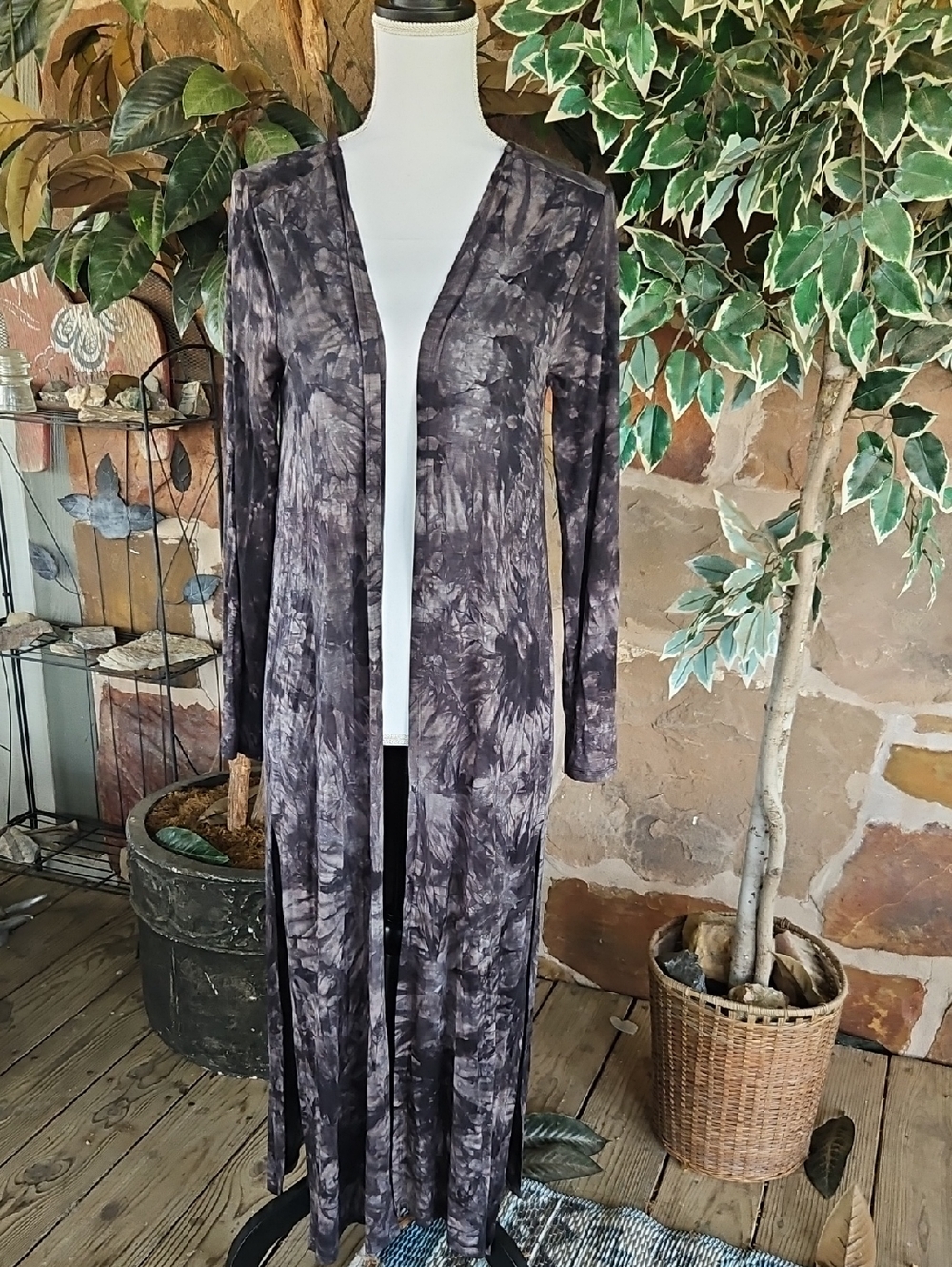 Cruel Demi  Long Open-Front Tie-Dye Duster - Gray